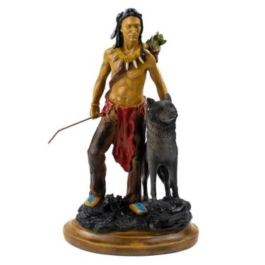 Imagem de Escultura Índio Xamã Caçador Com Lobo 30 cm em Resina
