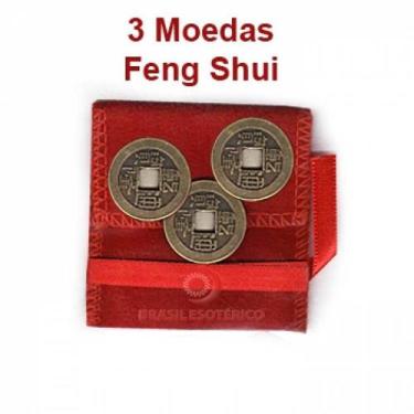 Imagem de Moedas Feng Shui (3 Moedas com Fita Vermelha) - Sorte e Prosperidade -