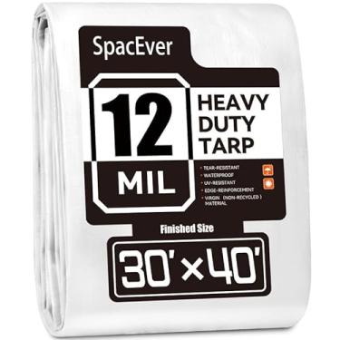 Imagem de Lona resistente de 30 x 40 pés, lona grande de 12 mil de espessura à prova d'água com ilhós, resistente a UV e rasgos, capa de plástico para barraca de telhado de piscina, lenha ao ar livre, branca