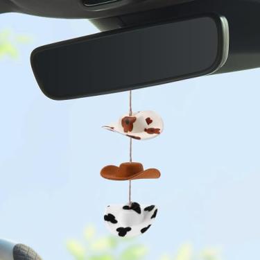Imagem de Lyxheth Amuleto de carro de chapéu de cowboy ocidental, acessórios de pendurar para espelho de carro, enfeite de espelho retrovisor com estampa de vaqueira e vaca de girassol, interior de automóvel