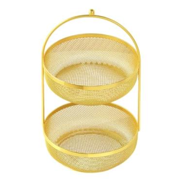 Imagem de YWJLQH Fruteira compacta e elegante de 2 andares, suporte decorativo para frutas, fruteira de metal para banana, legumes, pão, e feriados, Dourado