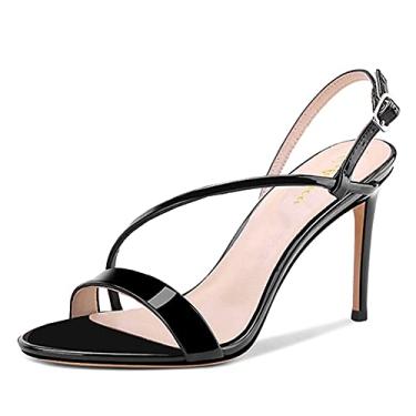 Imagem de Lutalica W Sandálias femininas sexy de couro envernizado, bico aberto, tira única, salto alto stiletto para festas noturnas e casamentos, Preto, 40