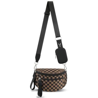 Imagem de MIVELOYA Bolsa transversal quadriculada para mulheres, pochete de nylon quadriculada espaçosa com bolsa de moedas RFID para uso diário e viagens, Marrom e preto, Large