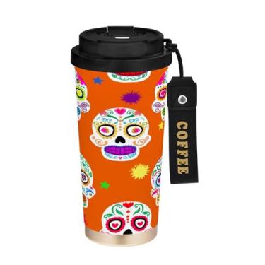 Imagem de STAYTOP Copo de café de aço inoxidável de 500 ml, linda caneca de café de viagem com isolamento de caveira de açúcar com tampa, xícara de café à prova de derramamento, copos portáteis reutilizáveis
