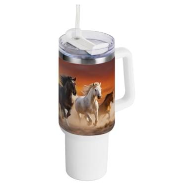 Imagem de Kigai Copo de 1,134 g com tampa e canudo, copo de aço inoxidável durável à prova de vazamento de cavalos de corrida com alça, garrafas de água à prova de derramamento para viagens