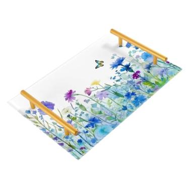 Imagem de Wassud Bandeja de banheiro com alças aquarela campo de flores acrílico organizador de perfume para banheiro cozinha balcão 30 x 20 cm