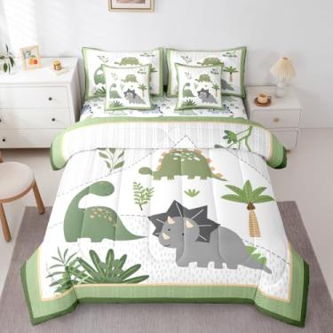Imagem de Conjunto de edredom infantil fofo de dinossauro, 7 peças, desenho animado, dinossauro, selva, folhas de palmeira verde, planta, lençol com edredom, lençol e fronhas, solteiro