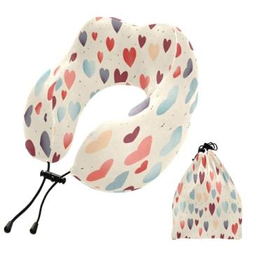 Imagem de CEBUGI Travesseiros de viagem portáteis em forma de U, travesseiro de pescoço de espuma viscoelástica com trava de corda ajustável para avião, viagem, trem, negócios, escritório, soneca (corações do