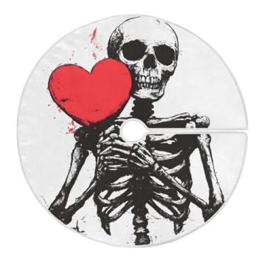 Imagem de Qilmy Saia de árvore de Natal com caveira de coração vermelho 119,9 cm, camurça para árvore de Natal, adequada para decoração de armário em ambientes internos e externos, festas, escritórios, lojas