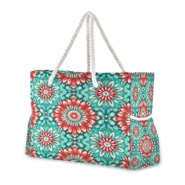 Imagem de Wassud Bolsa de praia grande mandala vermelha e azul-petróleo para mulheres, impermeável, à prova de areia, bolsa de viagem com zíper e bolso bolsa de acampamento para piscina academia