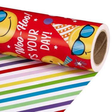 Imagem de RUSPEPA Rolo de papel de embrulho de aniversário engraçado reversível, mini rolo, rostos engraçados de festa de emoji e embrulho de presente vermelho de feliz aniversário para meninos e crianças