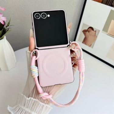 Imagem de Capa magnética para celular em couro fosco com alça de pulso para Samsung Galaxy Z Flip 7 Fe 6 4 3 5g, compatível com Z Flip 5 6 7 (para Galaxy Z Flip 6/Rosa)