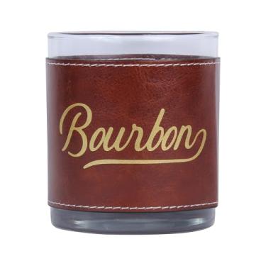Imagem de Barrel Down South Derby Copos de pedra com manga de couro sintético - Copo duplo antigo de 325 ml - Copo de uísque Bourbon - Presentes para homens (palavra Bourbon - Ouro)