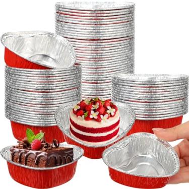 Imagem de Honeydak 50 formas de bolo em forma de coração para assar com tampas de 10 cm/170 g, copos de cupcake de folha de alumínio dos namorados, mini forros de bolo de coração, latas descartáveis para