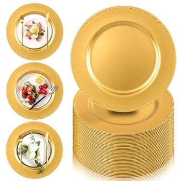 Imagem de PROY Pacote com 50 pratos de carregamento dourados, pratos de jantar redondos de plástico de 33 cm com borda de contas, carregadores de mesa de plástico reutilizáveis para casamento, festa