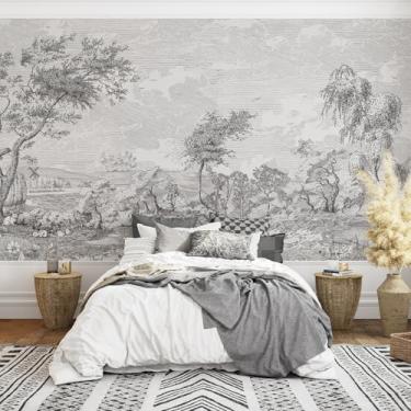 Imagem de Murais de parede grandes da natureza, descasque e cole preto e branco esboço paisagem country mural de parede 353.1 cm L x 279.4 cm H Farmhouse Wall Mural Vinyl Rustic Nature Wall Art Decor para
