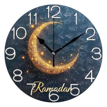 Imagem de GAIGEO Relógio de parede analógico decorativo quarto cozinha relógio redondo sem tique-taque silencioso, decoração de parede moderna sala de estar estrela lua preto amarelo, 25 cm, ponteiros dourados