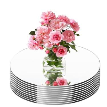 Imagem de Azulejos redondos espelhados para centros de mesa, 9 peças, bandejas de cores espelhadas redondas planas de 20 cm para mesas espelhadas, placas de vela espelhadas circulares para mesas, centros de
