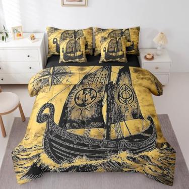 Imagem de Erosebridal Jogo de cama viking antigo nórdico viking queen conjunto de edredom 7 peças cama náutica navio em uma bolsa para decoração de quarto de crianças, adolescentes e adultos, conjunto de