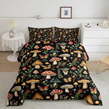 Imagem de jejeloiu Conjunto de cama casal com cogumelo, cogumelo selvagem, capa de edredom para meninos, meninas, adolescentes, capa de edredom de microfibra respirável, macia e leve