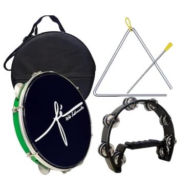 Imagem de Kit Pandeiro Fé Pele Preta + Capa + Triângulo + Meia Lua (Verde)