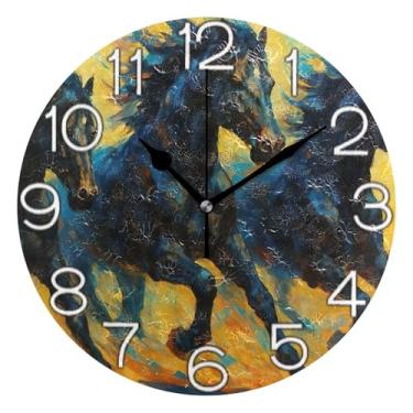 Imagem de GAIGEO Relógio de parede analógico decorativo redondo sem tique-taque silencioso para sala de aula, relógio de escritório, arte moderna retrô decoração de parede aquarela cavalo preto, animal, 25 cm