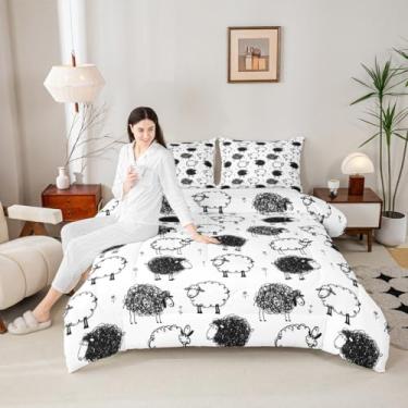 Imagem de Conjunto de edredom infantil de ovelha fofa, tamanho queen, preto e branco, microfibra supermacia, para adultos e homens, conjunto de edredom decorativo com linhas geométricas de graffiti hippie, 3