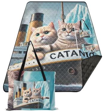 Imagem de TSENQUE Cute Cats Titanic Kitten Cute Picnic Essentials Dobrável Sem Areia Cobertor de Praia Impermeável Grande Floral Camping Cobertor para Grama 299.7 cm x 203.2 cm
