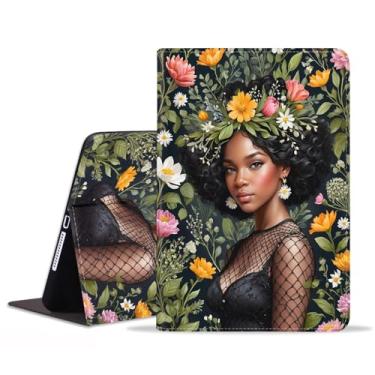 Imagem de BWOOLL Capa para tablet Samsung Galaxy Tab S11 de 11 polegadas 2025 (modelo: SM-X730/X736B), capa fina e leve de couro PU com despertar/dormir automaticamente, menina africana com flores folhas verdes