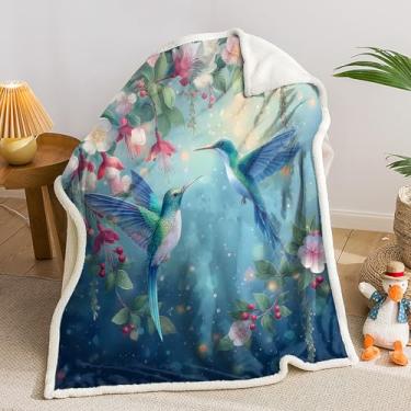 Imagem de AILONEN Cobertor de lã de ovelha de beija-flor verde, cobertores botânicos românticos florais sherpa, cobertor de lã impermeável para jardim de primavera para sofá, quarto, 128 x 78 centímetros