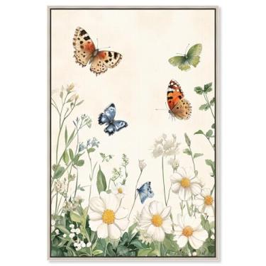 Imagem de Decoração de parede floral com impressão em tela Meadow Dance of Wings por Art Remedy, moldura prata, 40 x 61 cm