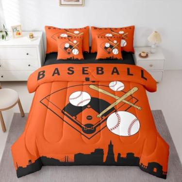 Imagem de Jogo de cama casal de beisebol com estampa de cidade de beisebol, esportes, 7 peças, para meninos, jogos de softball, cama em uma bolsa, moderno, laranja, para decoração de quarto de crianças