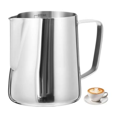 Imagem de Jarro de leite de aço inoxidável de 600 ml, jarra de espuma de café portátil com marca de medição, design de bico em forma de V antigotejamento, copo para fazer arte de café latte de cappuccino