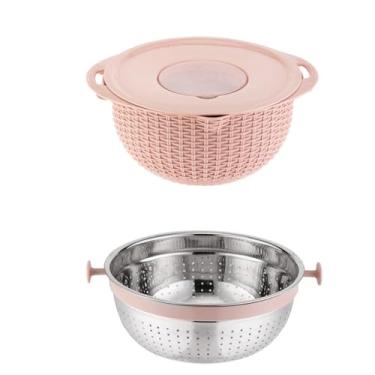Imagem de Ainoli 4 em 1 escorredor com tigela de mistura, conjunto multifuncional, cenoura, ralador de vegetais, limpador de frutas, filtros de aço inoxidável para cozinha (Rosa)