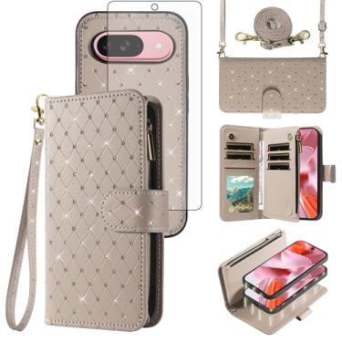 Imagem de Compatível com Google Pixel 9/9 Pro 5G Capa carteira com zíper celular protetor de tela de vidro temperado alça transversal com glitter flip porta-cartões capa para celular para Pixel9 9Pro Nove