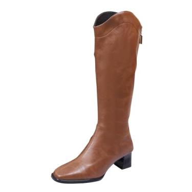Imagem de Botas femininas cano alto inverno casual longo reto bico quadrado zíper traseiro salto baixo bloco, Marrom, 38