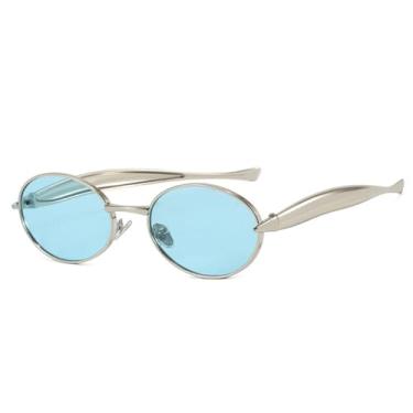 Imagem de Óculos de Sol UV400 - Armação Oval Pequena Estilo Punk Metal para Homens e Mulheres, Ideal para Esportes ao Ar Livre, Corrida e Ciclismo, Prata e Azul