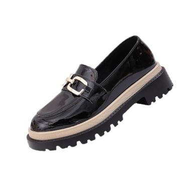 Imagem de Sapatos casuais de salto grosso, detalhe de fivela, bico redondo, cor sólida, salto baixo, estilo retrô, Preto, 38