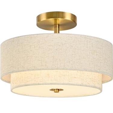 Imagem de Bagood Luminária de teto com 2 luzes semiembutidas, luminária de tambor dourada moderna de 30 cm com persiana de tecido de 2 camadas regulável perto do teto para sala de estar, corredor, quarto