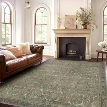 Imagem de GENIMO Tapetes de área de 22 x 30 cm para sala de estar, laváveis à máquina, tapetes vintage antiderrapantes, tapete leve com estampa de chenille para quarto, sala de jantar, escritório em casa, verde