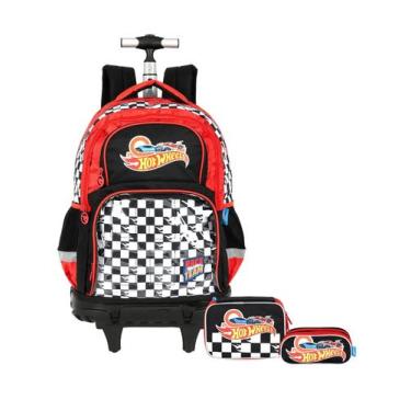 Imagem de Kit Hot Wheels Mochila Rodas + Estojo Box E Triplo Luxo - Luxcel, VERM