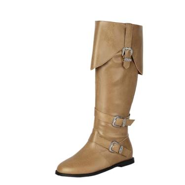 Imagem de Botas femininas com zíper lateral salto baixo fivela de cinto outono inverno casual moda versátil confortável, Caqui, 38
