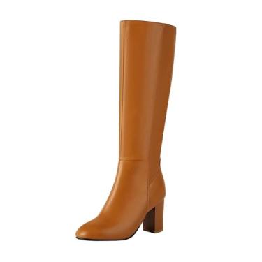 Imagem de Botas femininas casuais de salto alto com zíper lateral outono inverno moda botas de cano alto modernas, Marrom, 39