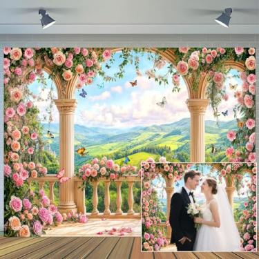 Imagem de Pano de fundo floral rosa de 3,5 x 2,5 m para jardim, varanda, arco, flores retrô, decoração de casamento, festa de aniversário, decoração de bebê, chá de panela, retrato de estúdio fotográfico, faixa
