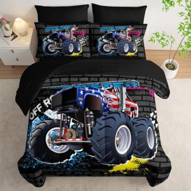 Imagem de AILONEN Jogo de edredom com desenho animado de caminhão monstro para meninos, Queen, cama de monstro em uma bolsa, 7 peças, lençol de cima, 2 fronhas e 2 fronhas