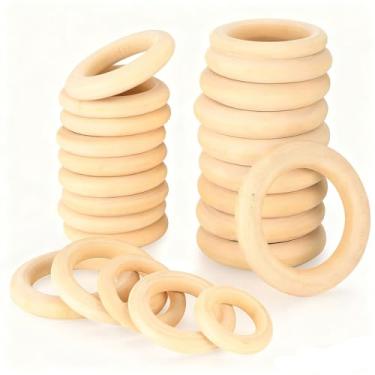 Imagem de 5 peças de anéis de artesanato de madeira natural inacabados - espaços em branco circular de madeira lisa para fabricação de joias de macramê, conectores de pingente DIY, projetos de artesanato de