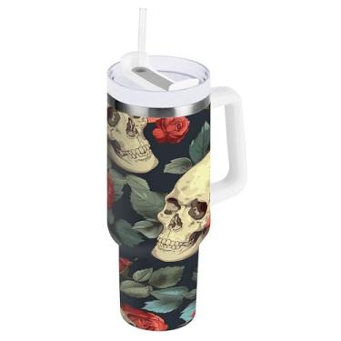 Imagem de SEHANY Copo de caveira e rosas de 850 g com alça, copo isolado de aço inoxidável a vácuo de parede dupla, caneca de café à prova de vazamento, copo isolado para viagem, cabe no suporte de copo de