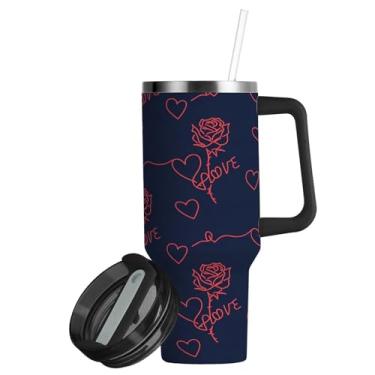 Imagem de ATTX Copo de coração rosa de 850 g com alça, copo de aço inoxidável a vácuo de parede dupla com palha, caneca de café de viagem isolada #471