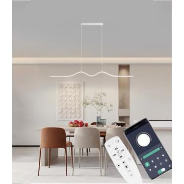 Imagem de Luminária pendente ajustável em altura para sala de jantar, com intensidade regulável, para quarto, com controle remoto, moderna, em LED, para mesa, teto e cozinha (branca, 120 cm)