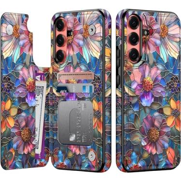 Imagem de Goodon Capa carteira para Samsung Galaxy S25 com suporte para cartão, bloqueio RFID, capa floral vintage estética, capa protetora retrô moderna exclusiva para mulheres e meninas - flores vibrantes